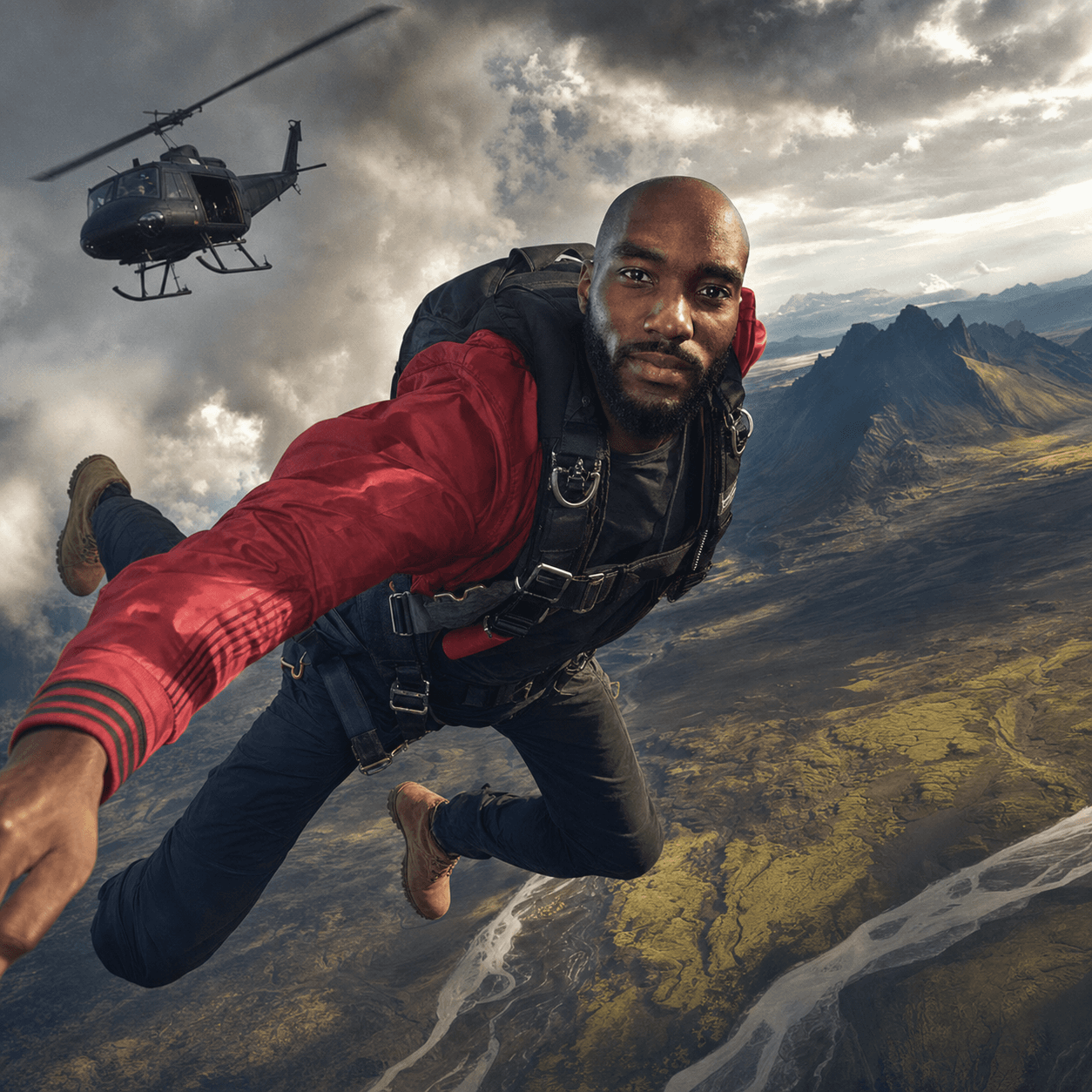 GVO skydiving beside a helicopter above the mountains — artist concept artwork